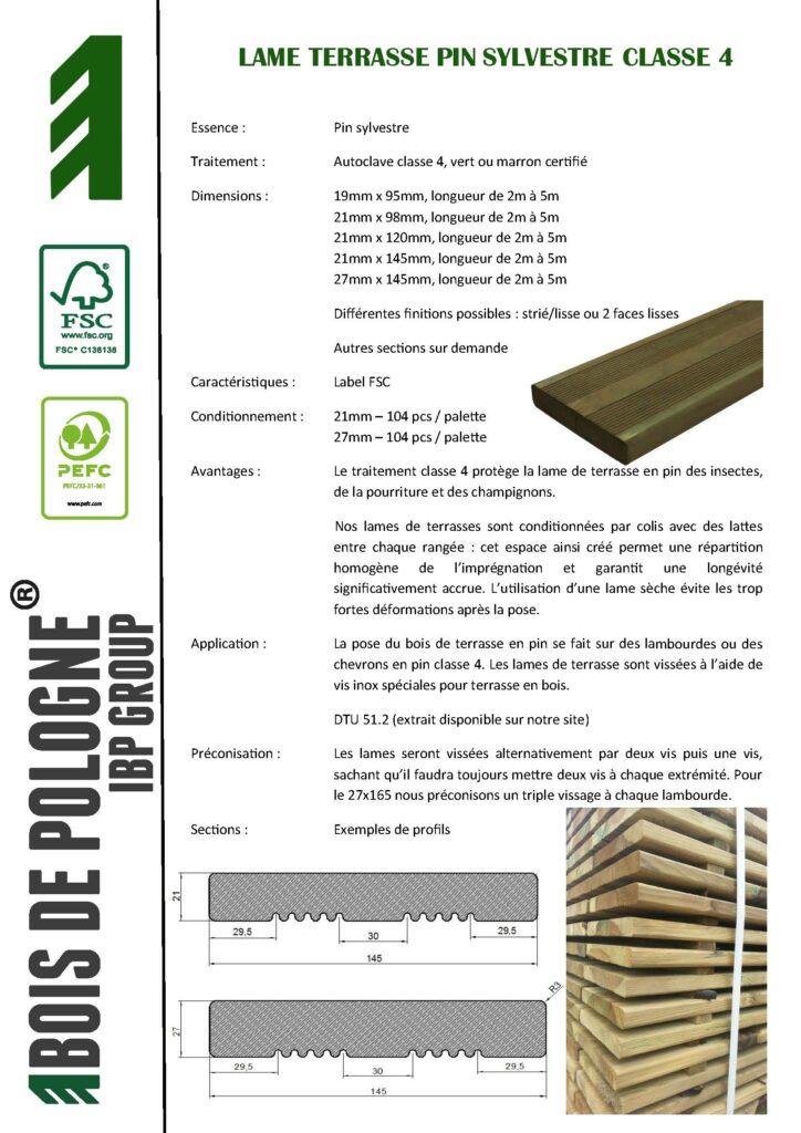 Lame de terrasse pin sylvestre classe 4 traité autoclave