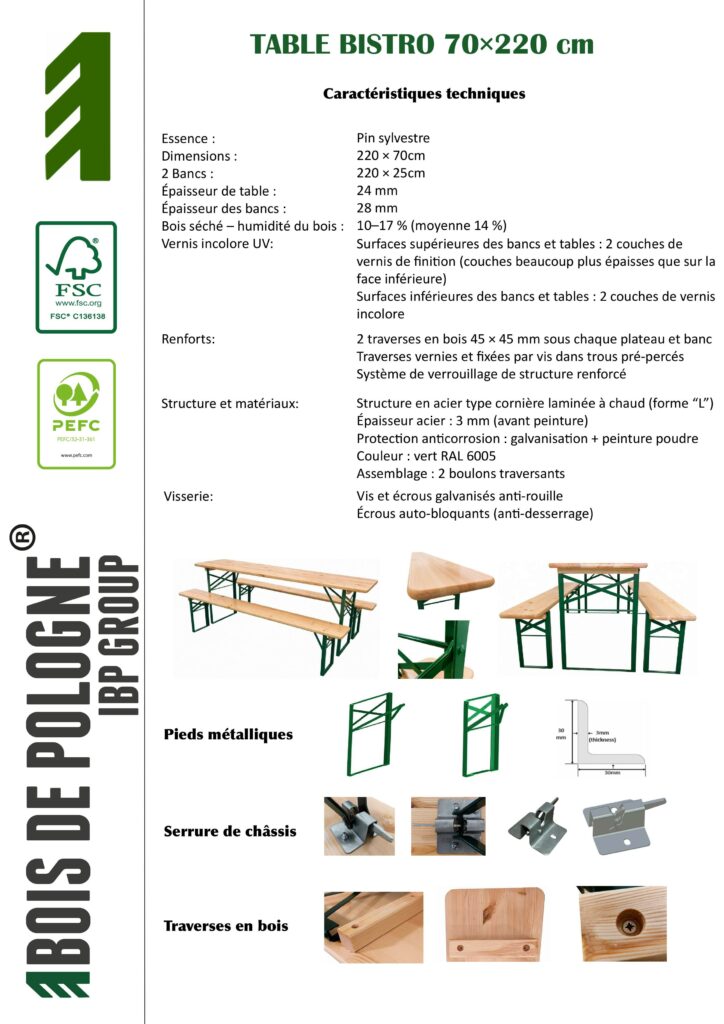 Table Bistro 70×220 cm avec Bancs (Set Complet)