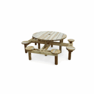 Table ronde en bois avec tabourets intégrés